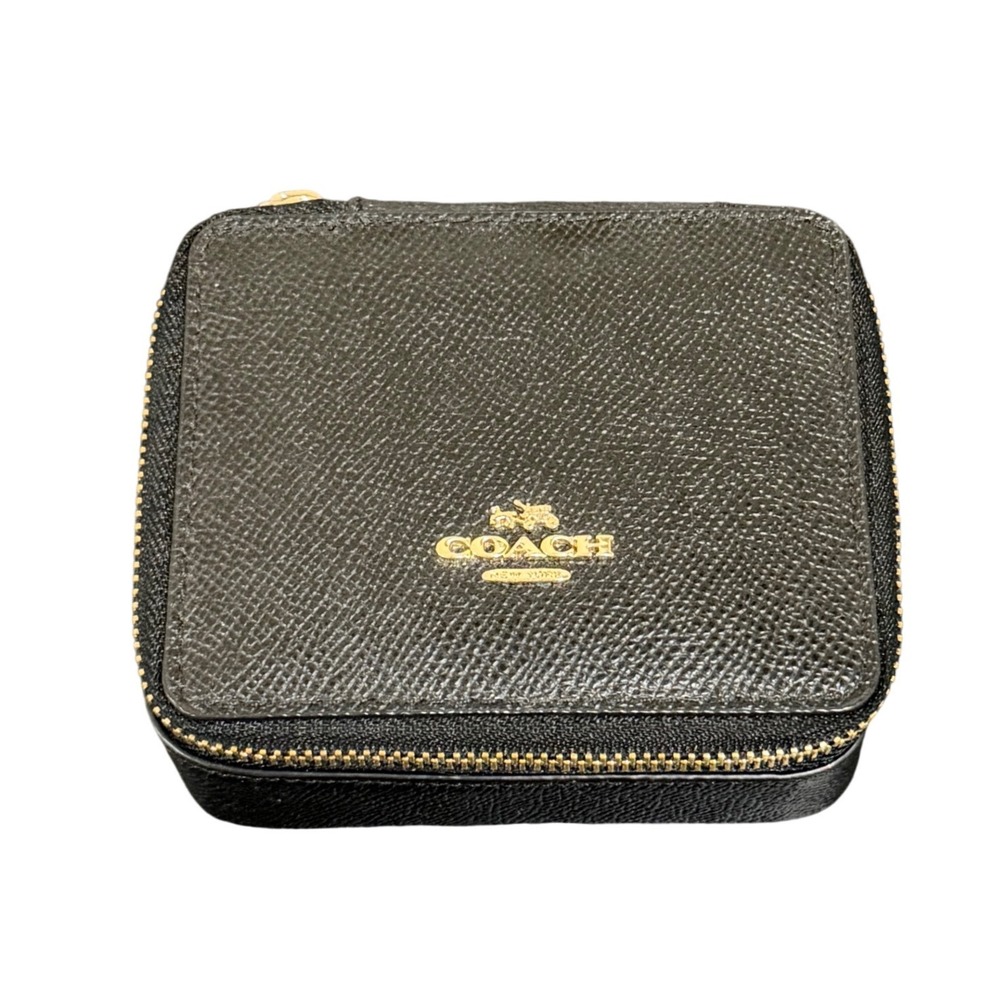 Coach Square Jewelry Case Black Crossgrain Leather Gold Logo Travel Organizer
